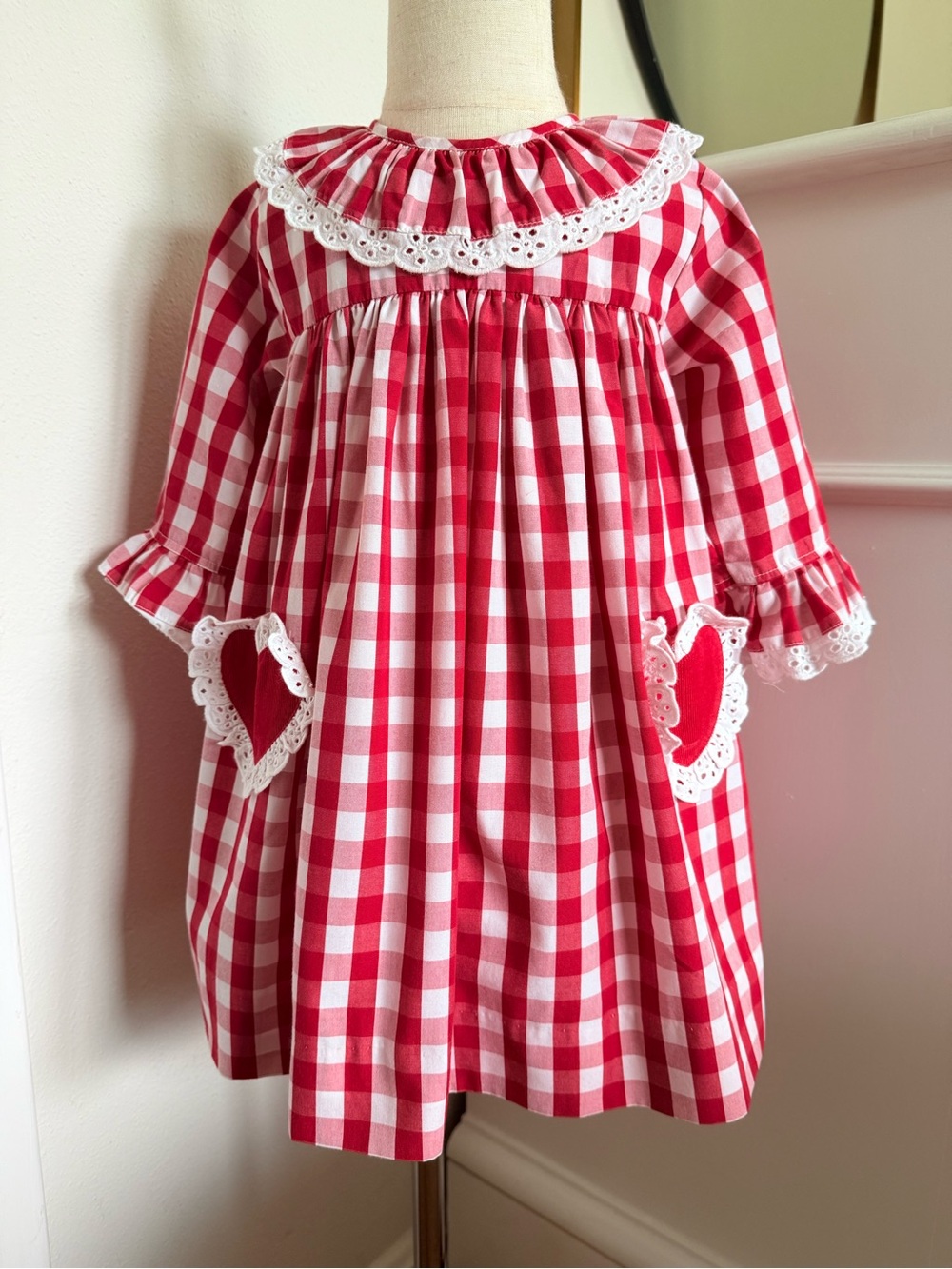 Shrimp & Grits Kids Girls 4T Red Gingham Heart Pocket Dress Valentine Boutique